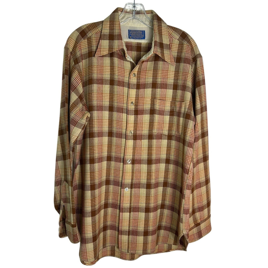 Vintage Pendleton Wool Plaid Flannel Shirt Mens Large Brown Tan Made in USA work