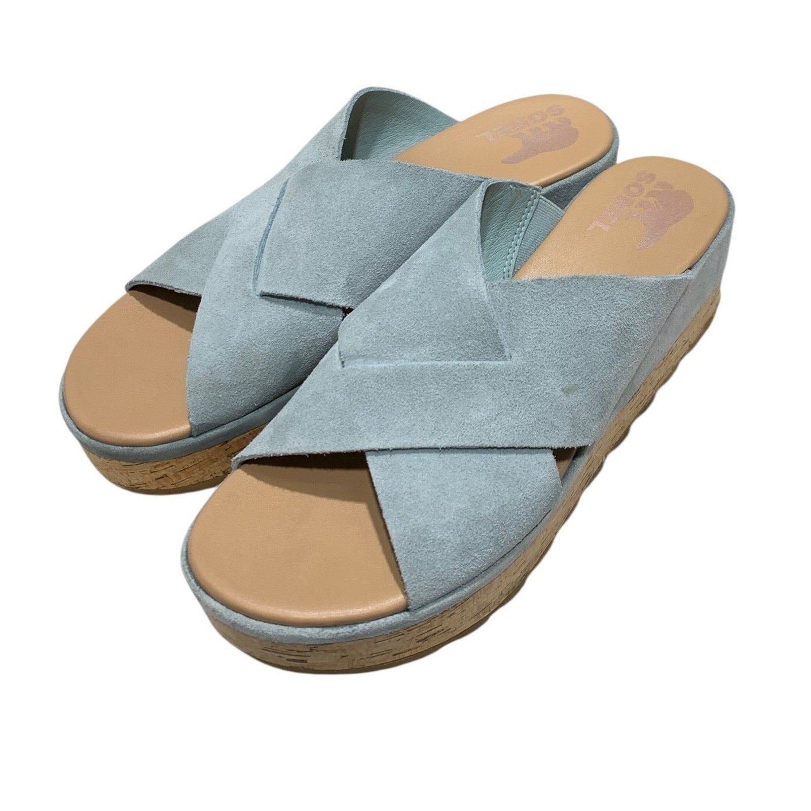 Sorel Cameron Flatform Mule Crushed Blue Suede Sandal Women's Size 9