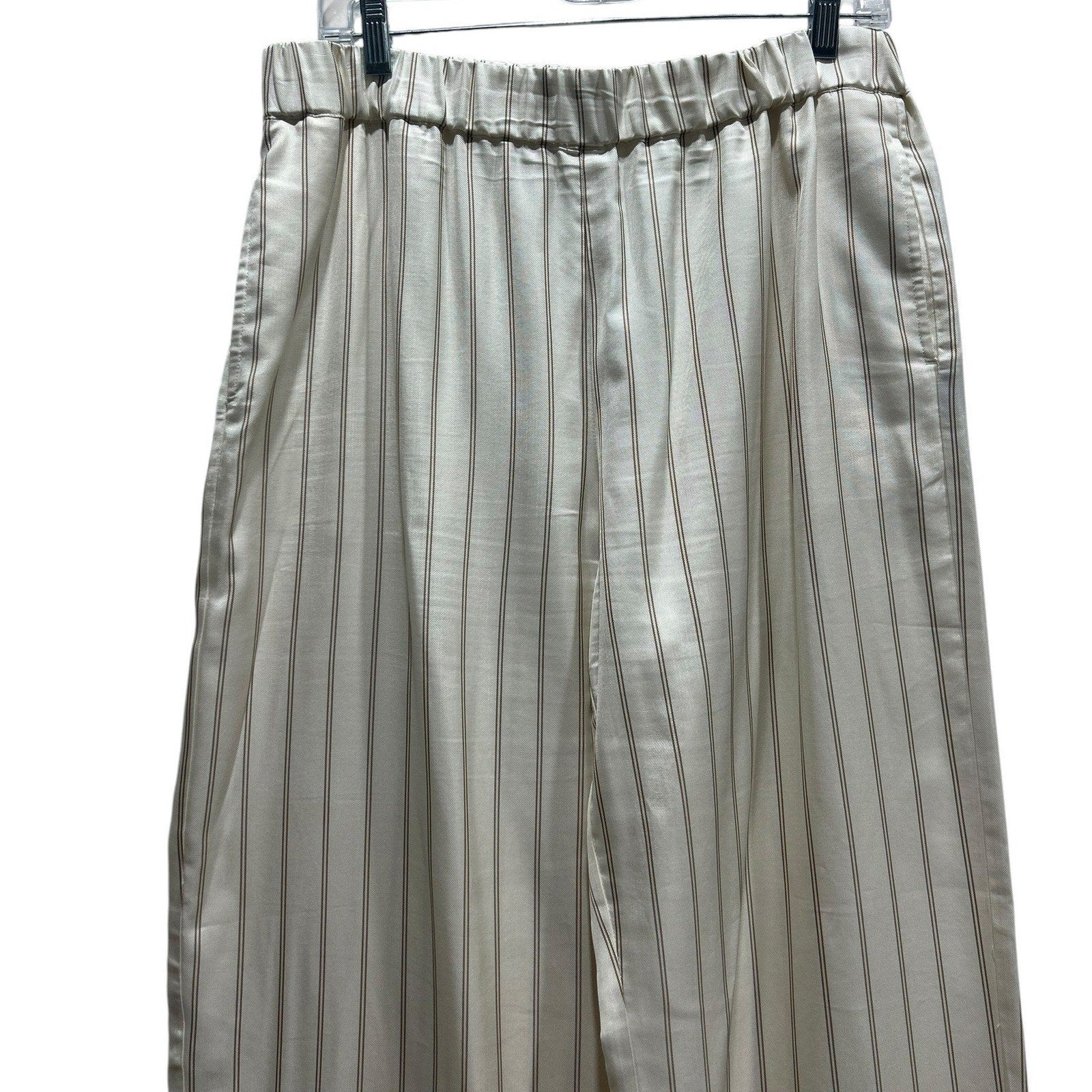 Jenni Kayne Striped Wide Leg Pull On Pants Ivory Tan Cuffed Size M