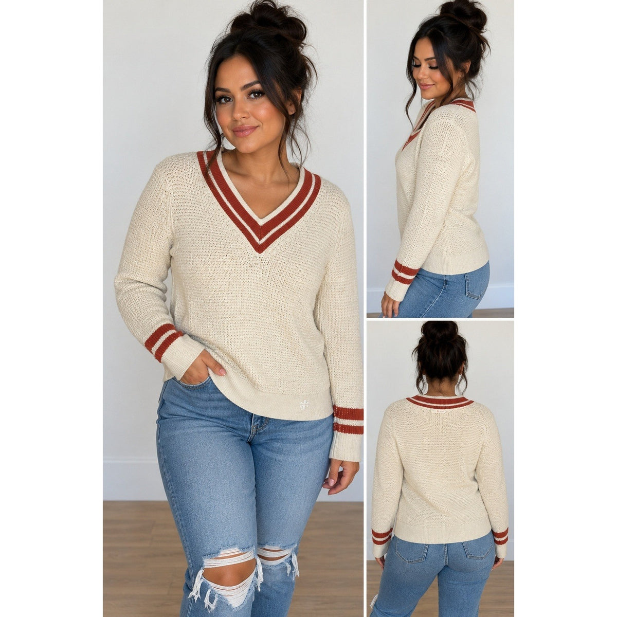 Tory Burch Vintage Cricket Sweater Ivory Orange V-Neck Knit Top XS 79714