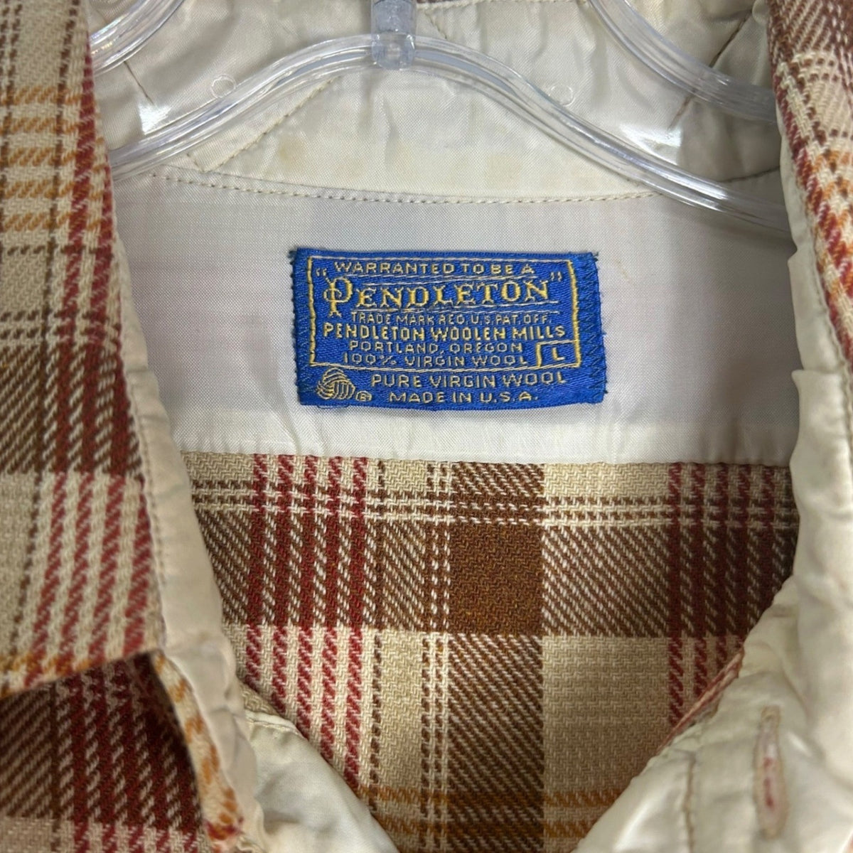 Vintage Pendleton Wool Plaid Flannel Shirt Mens Large Brown Tan Made in USA work