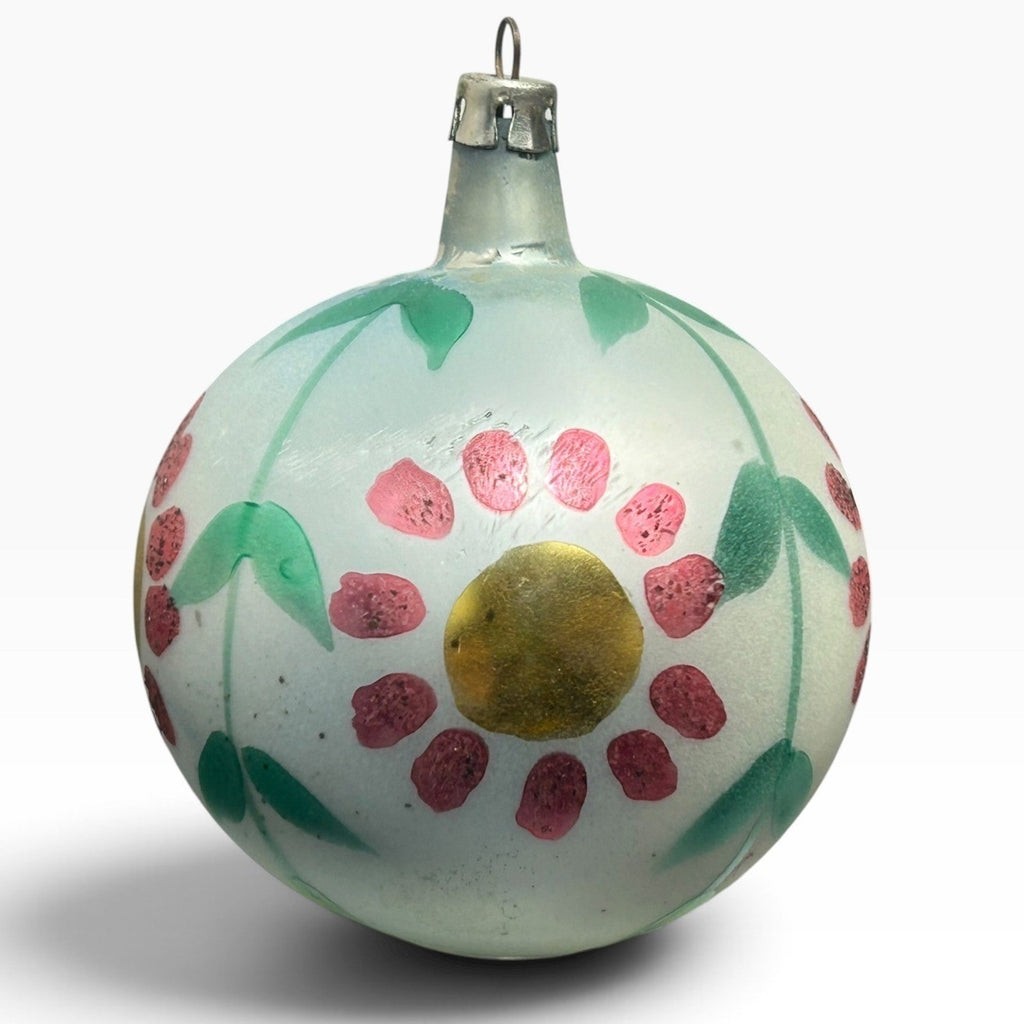 Vintage Poland Glass Christmas Ornament Hand Painted Floral Pink Green 2.5"