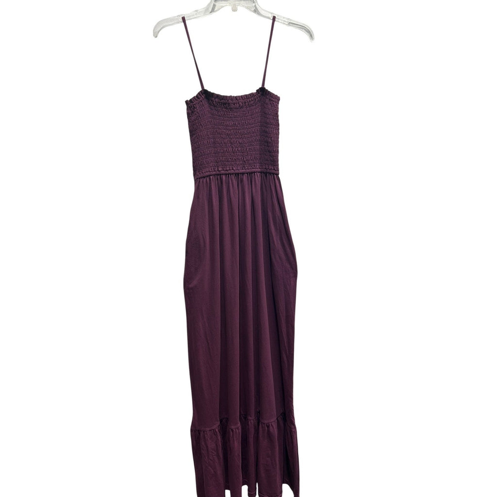 Pact Womens Organic Cotton Smocked Tiered Maxi Dress Plum Purple XS Sleeveless