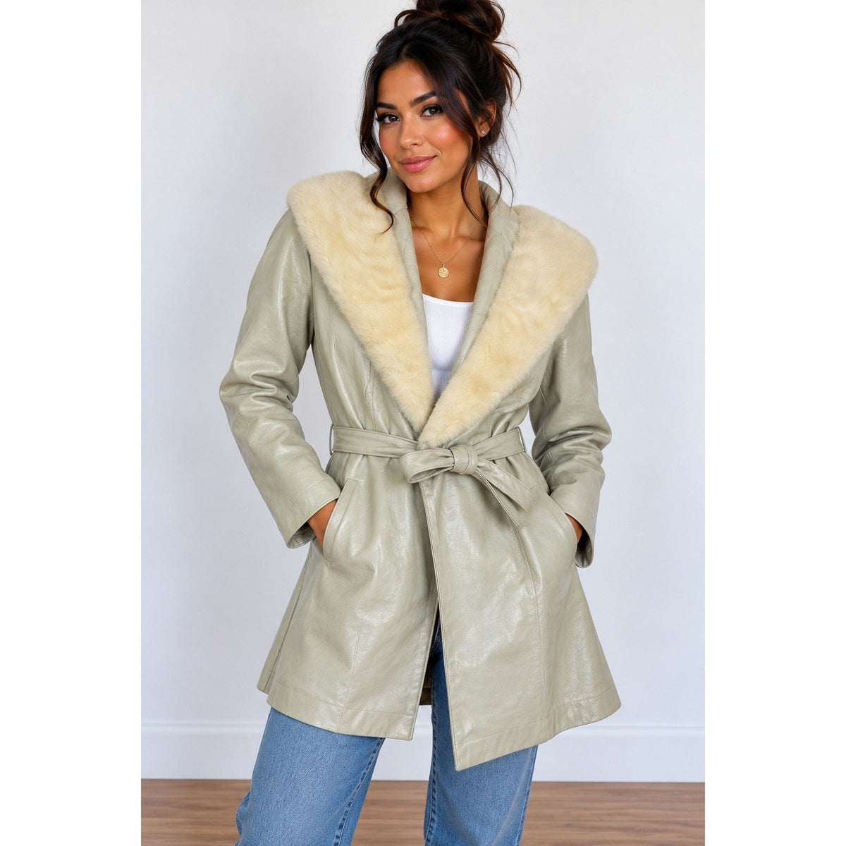 Vintage Normart's Leather faux Fur Collar Trench Coat Cream Belted Wrap Jacket S