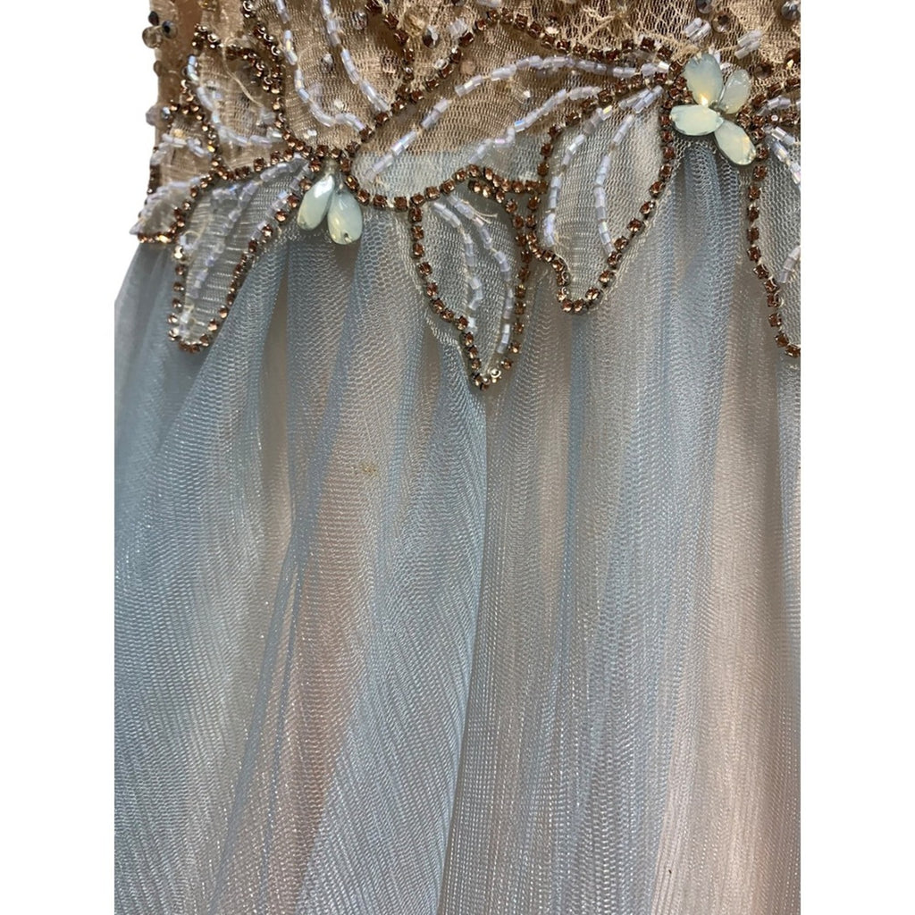 Glamour High Neck Crystal Beaded Halter Gown Tulle Skirt Prom Pageant Blue Sz 8