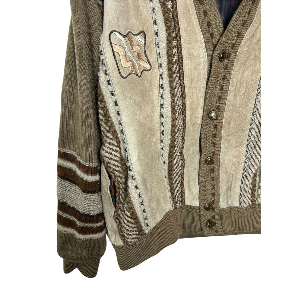 Vintage Maxini Collezione Suede 3D Knit Cardigan Jacket Mens XL Brown Tan patch