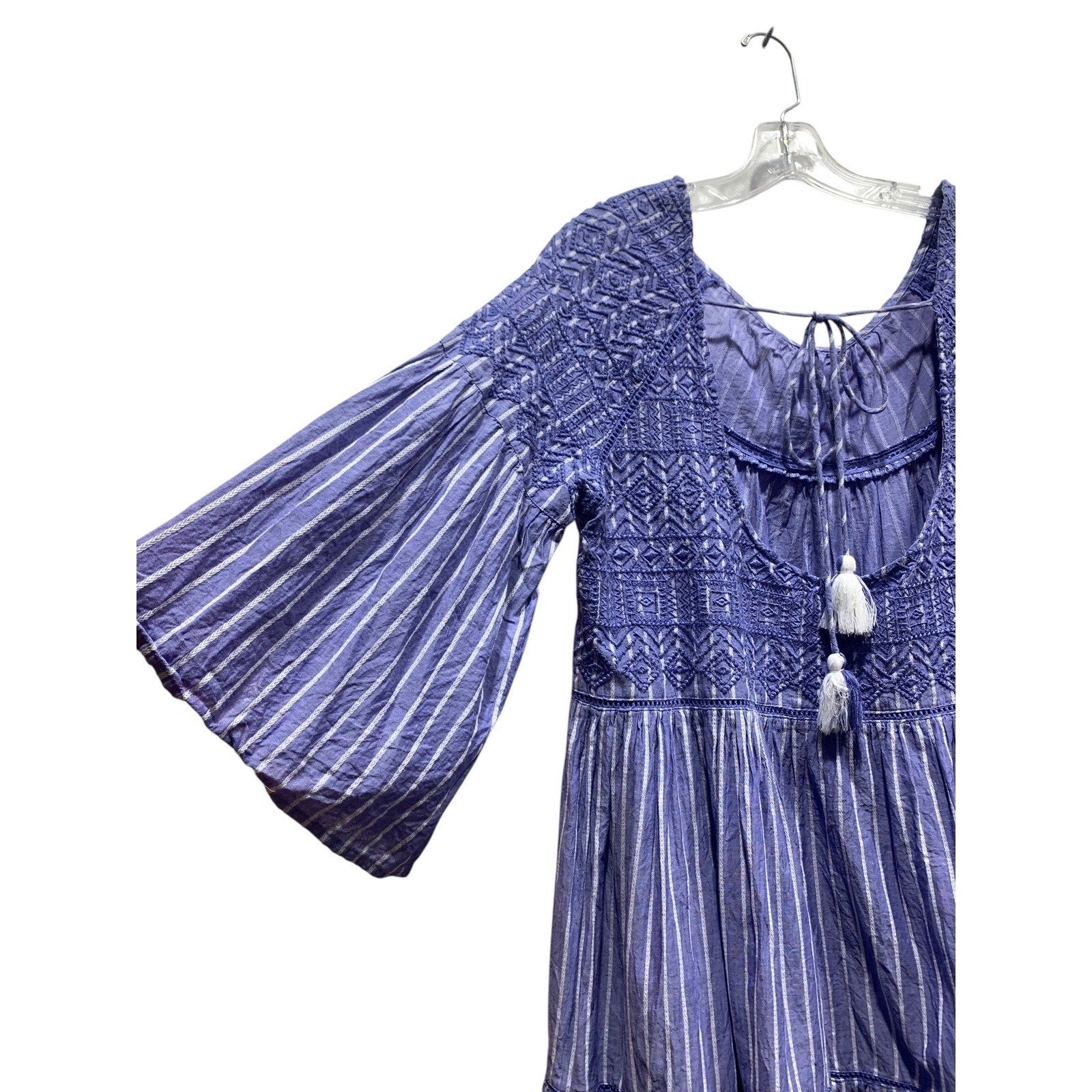 Free People LOLA Blue Striped Embroidered Tassel Tiered Babydoll Mini Dress M