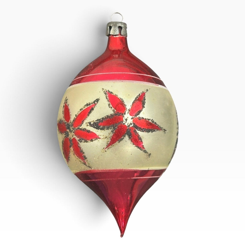 Vintage Poland Teardrop Indented Reflector Glass Christmas Ornament Red 3.25in