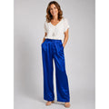 Women Royal Blue Satin Wide Leg Pleated High Waist Trousers Size M Glam Dressy