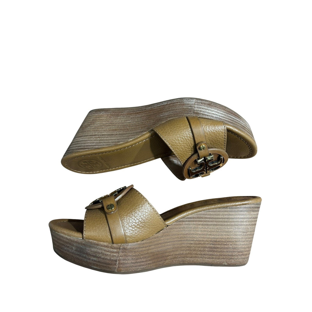 Tory Burch Miller Tan Pebbled Leather Platform Wedge Sandals Gold Logo 7M Brazil
