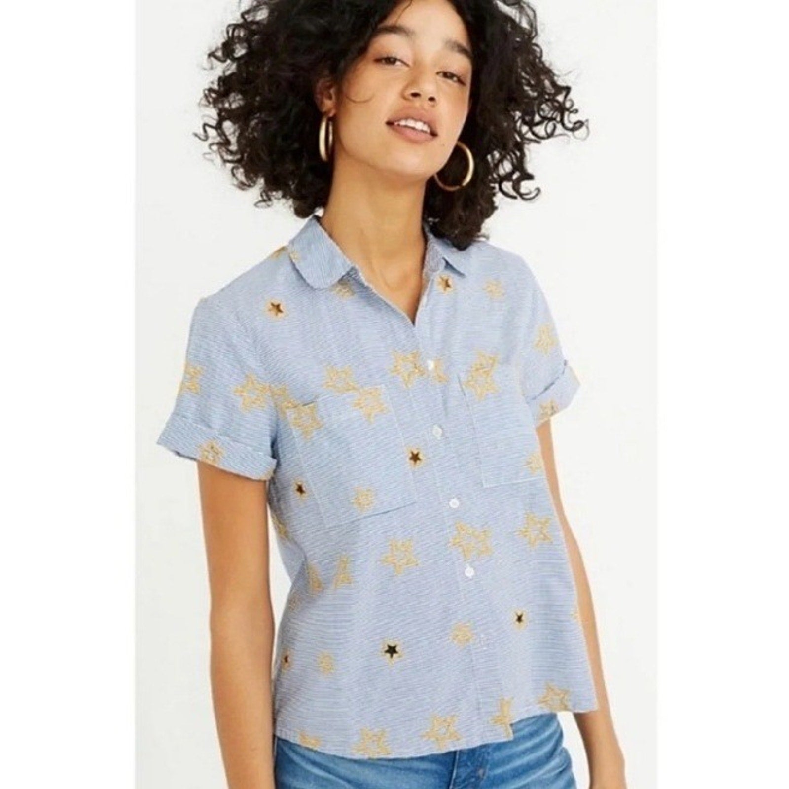 Madewell Blue White Pinstripe Yellow Star Embroidered Shirt Sz M Preppy Coastal