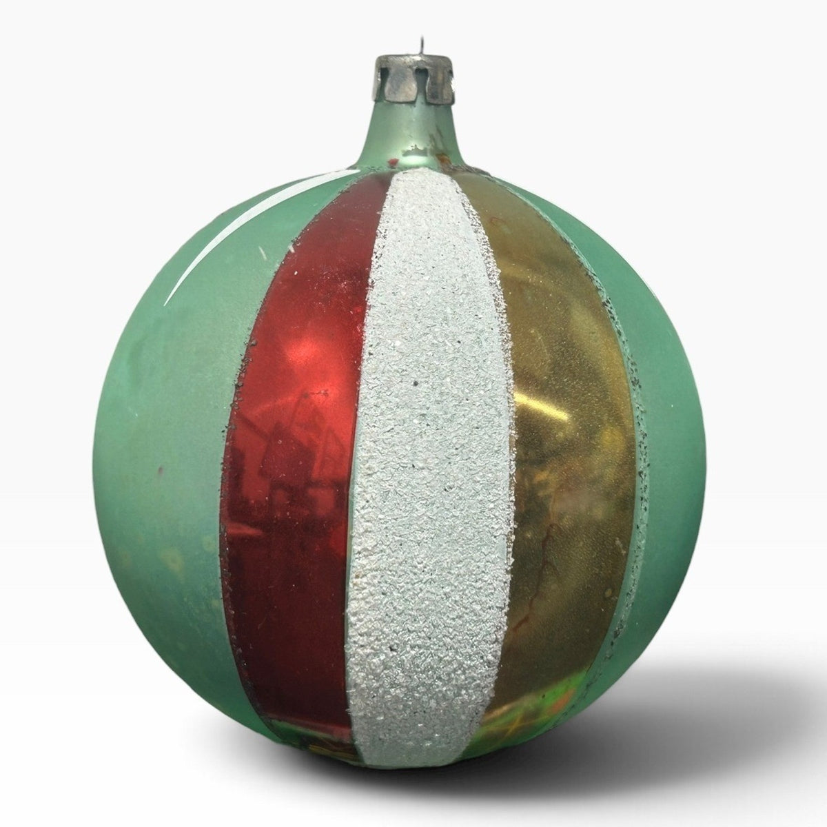 Vintage Poland Jumbo 4in Glass Christmas Ornament Teal Red Gold Striped Patina