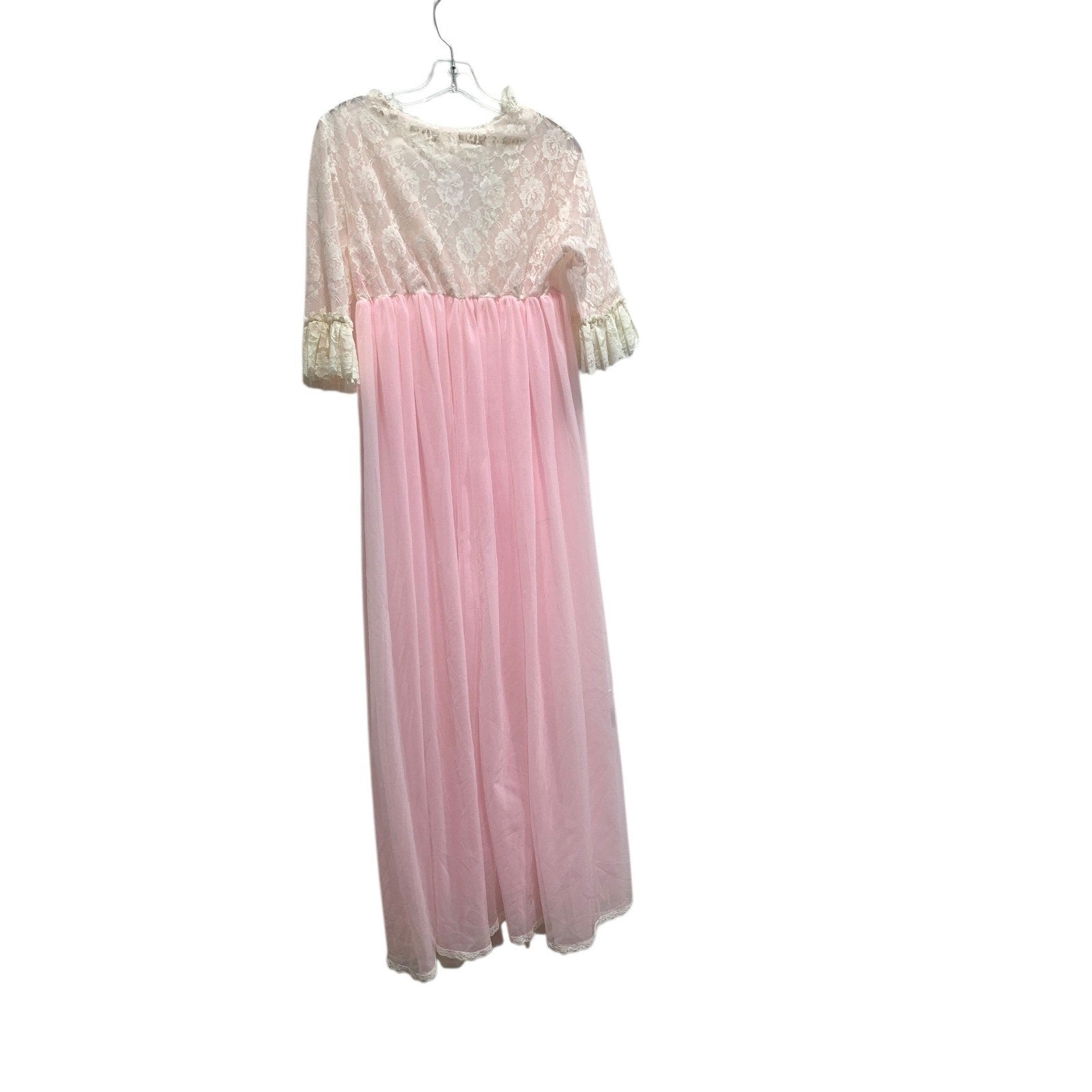 Vintage Pink Lace Maxi Nightgown Sheer Empire Waist Ruffle Sleeve Peignoir Dress