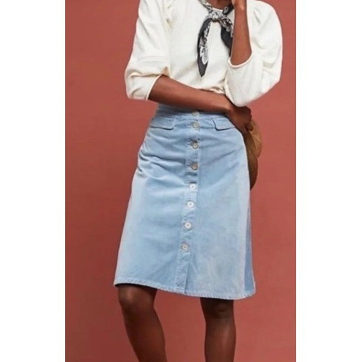 Anthropologie Blue Corduroy Button Front Midi A-Line Skirt Size 2 Cottagecore
