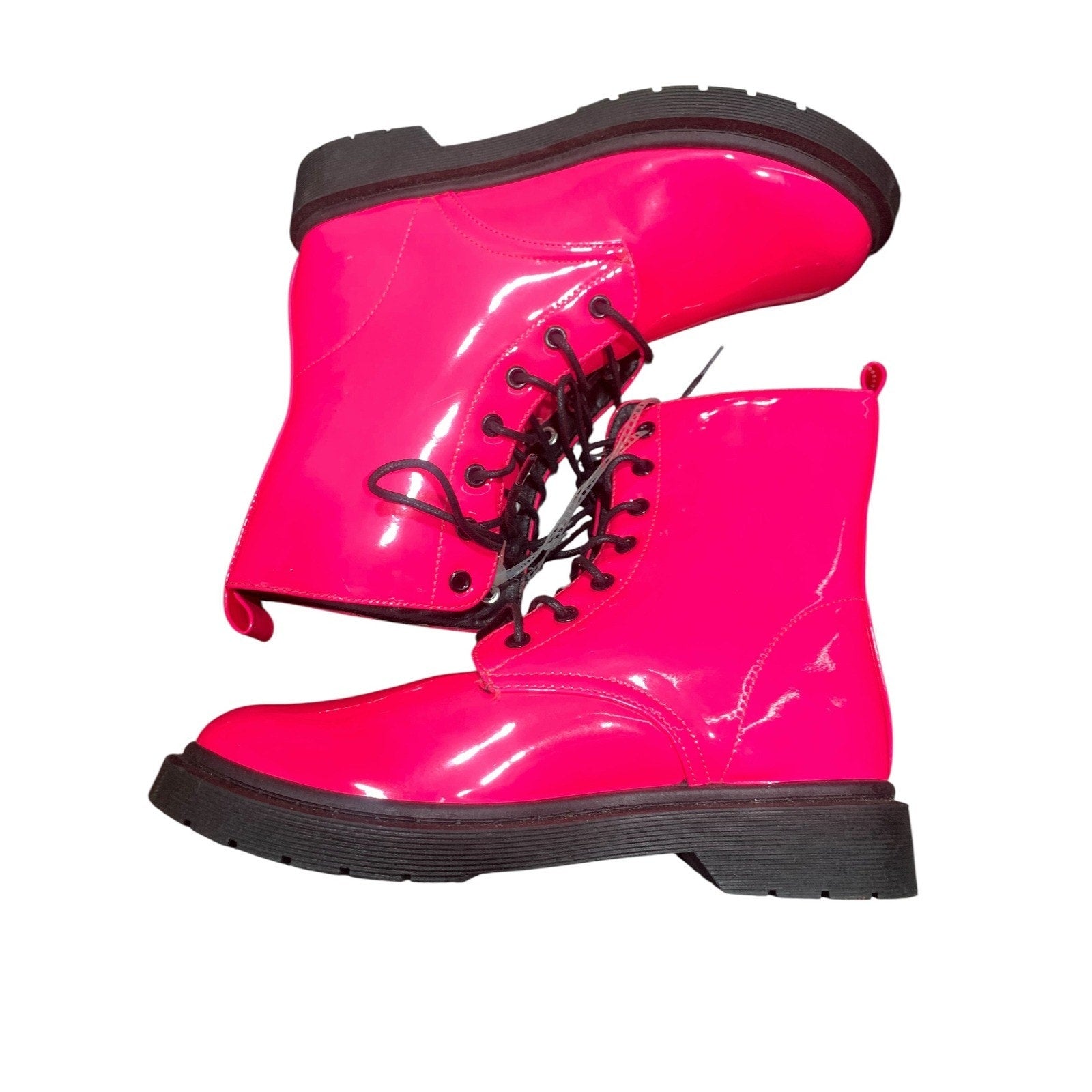 Wild Diva Womens Neon Pink Patent Lace Up Combat Boots Lug Sole Size 8
