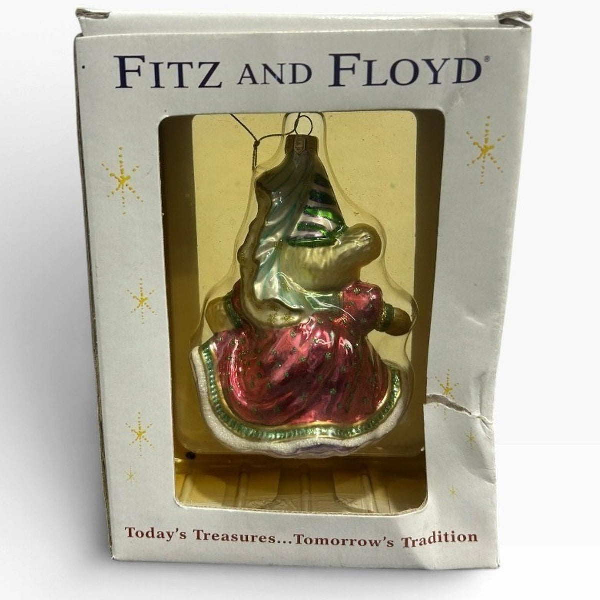 Fitz and Floyd Christmas Court Girl Bear Glass Ornament 5x3.5 in Box