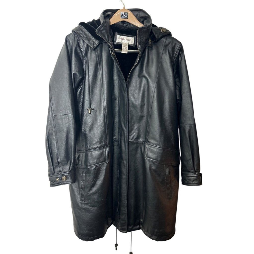 Veranesi Black Genuine Leather Faux Fur Lined Hooded Parka Coat Plus Size 22W
