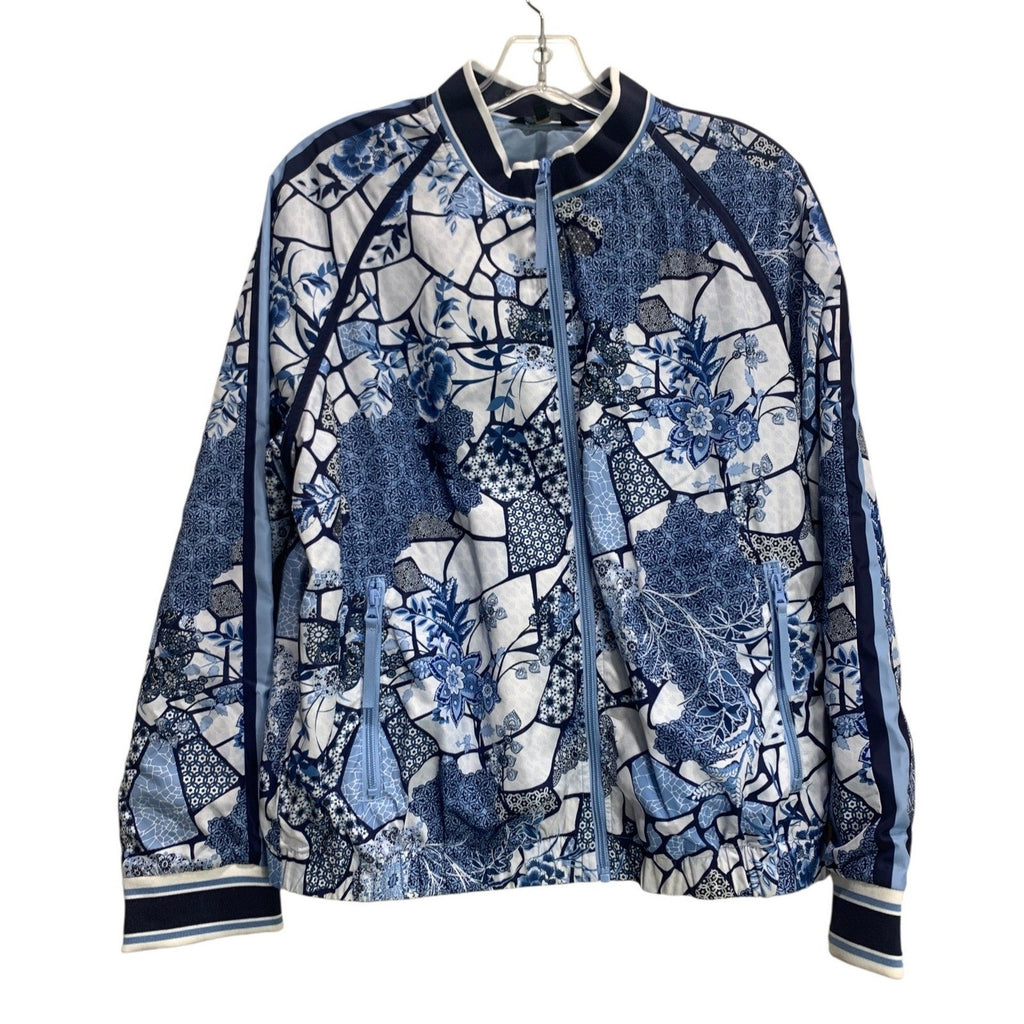 Johnny Was Bee Active Blue Floral Mosaic Full Zip Bomber Jacket Large L