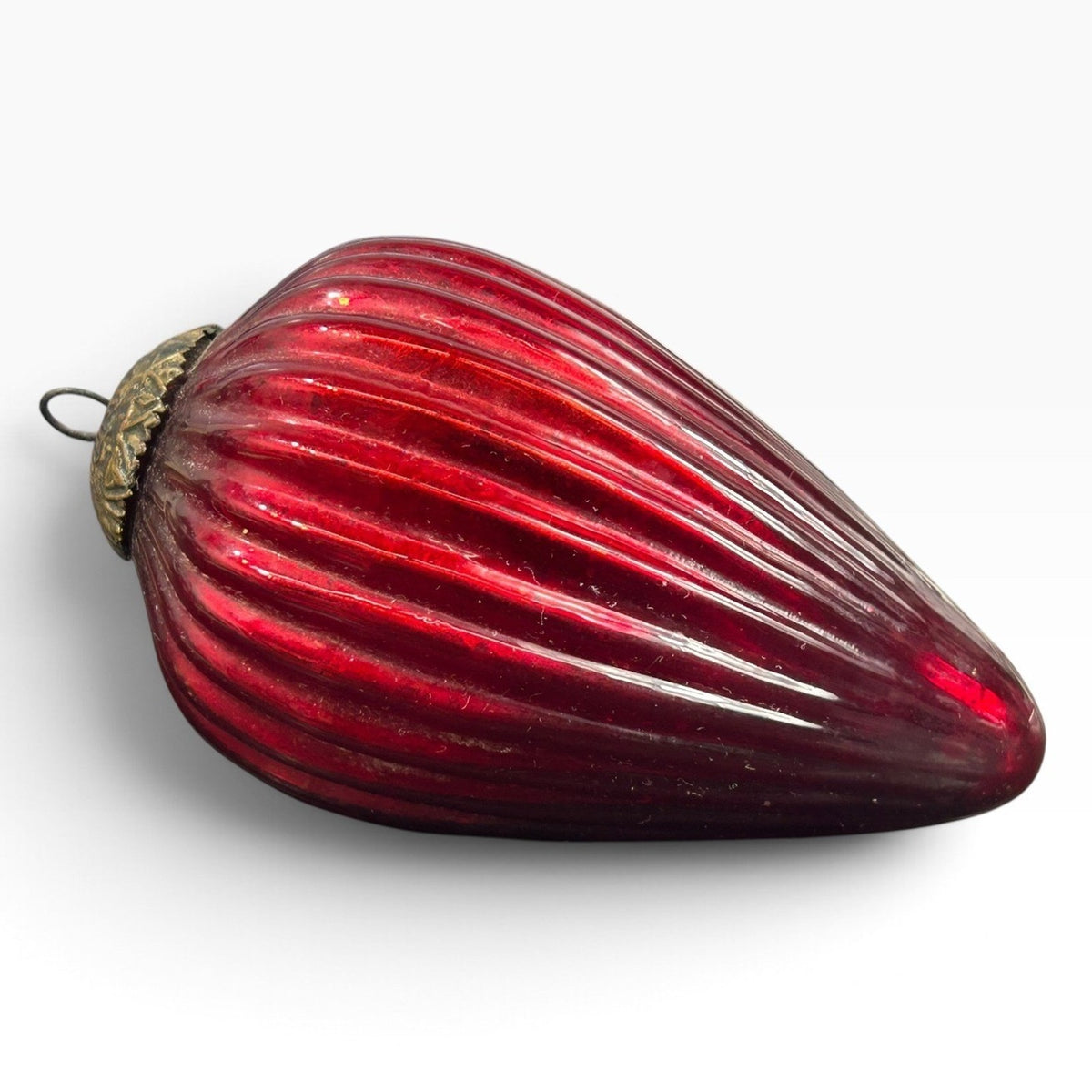 Vintage Ruby Red Mercury Glass Ribbed Teardrop Christmas Ornament Brass Cap