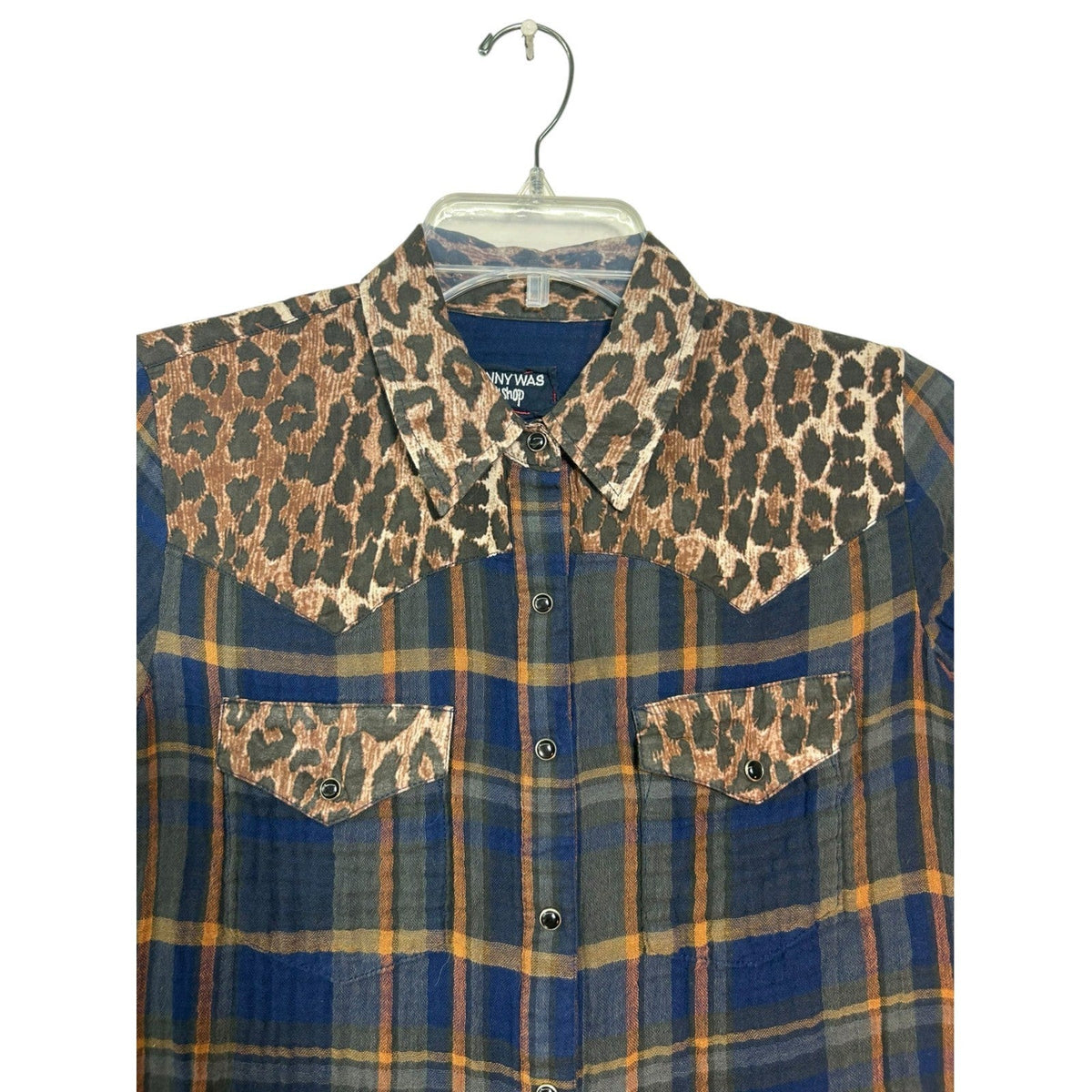 Johnny Was Workshop Navy Plaid Leopard Print Western Button Up Shirt XS layering