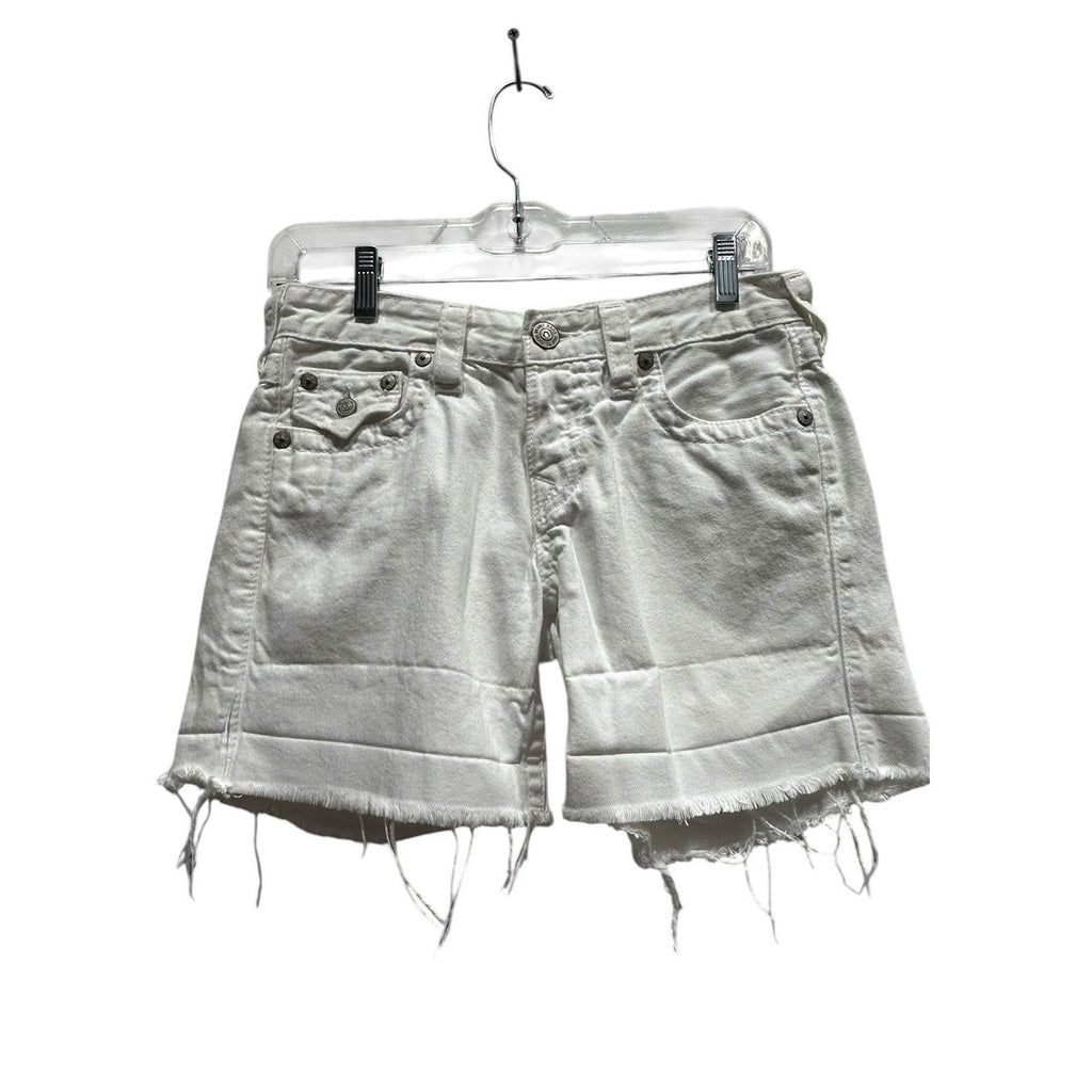 True Religion Jayde White Denim Cut Off Shorts Horseshoe Flap Pocket USA Size 26
