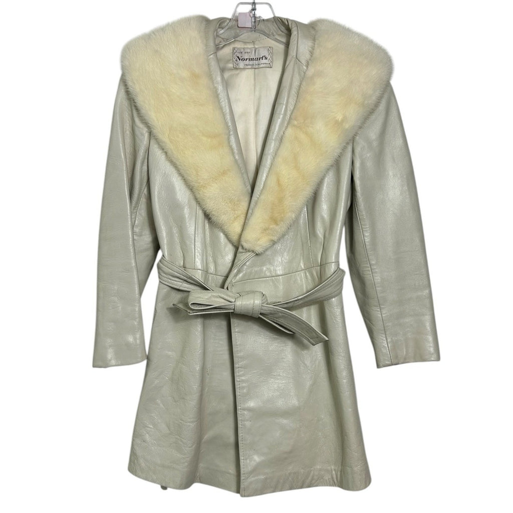 Vintage Normart's Leather faux Fur Collar Trench Coat Cream Belted Wrap Jacket S