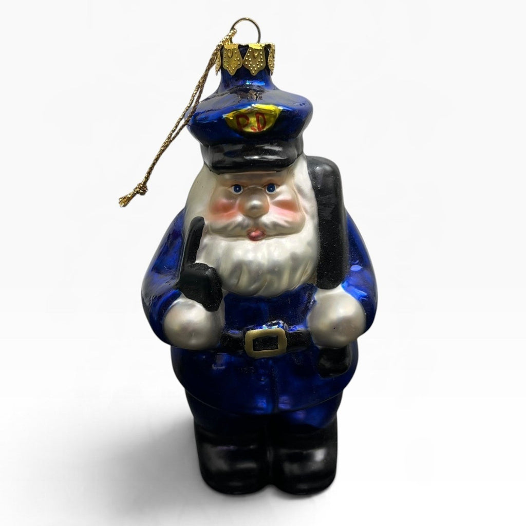 Lao Mai Police Officer Glass Christmas Ornament Blue Law Enforcement 5"