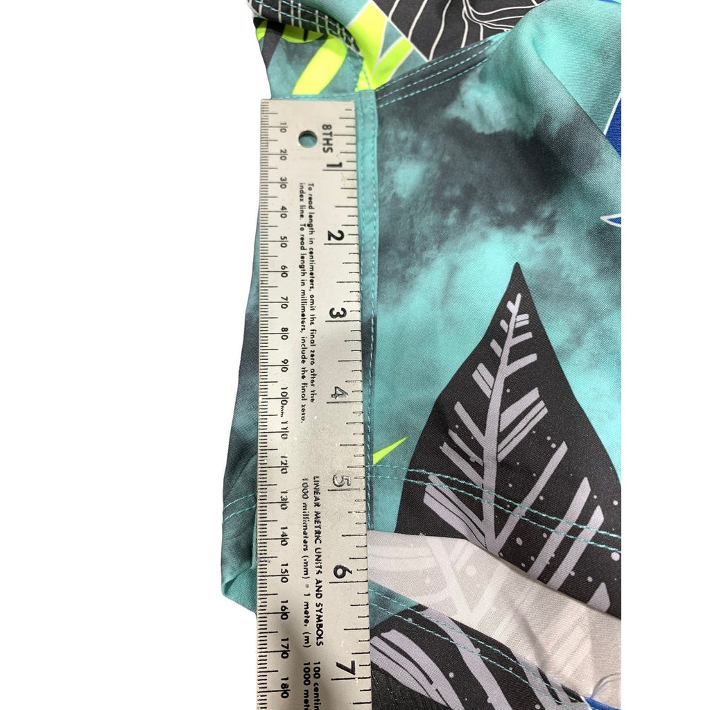 Hurley Mens Tropical Leaf Print Swim Trunks Teal Blue Lime Green Size Large 17"