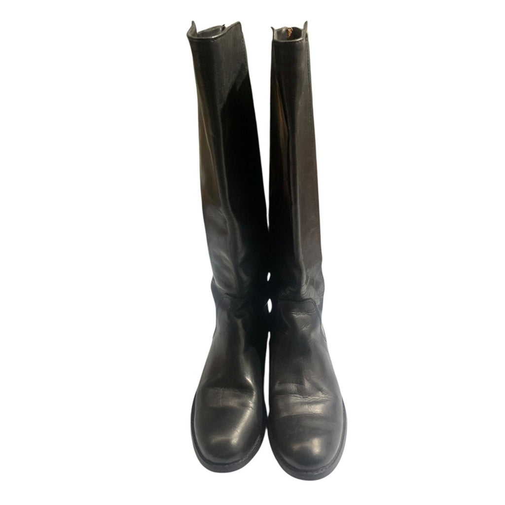 Womens Frye Black Leather Riding Knee High Boots Back Zip