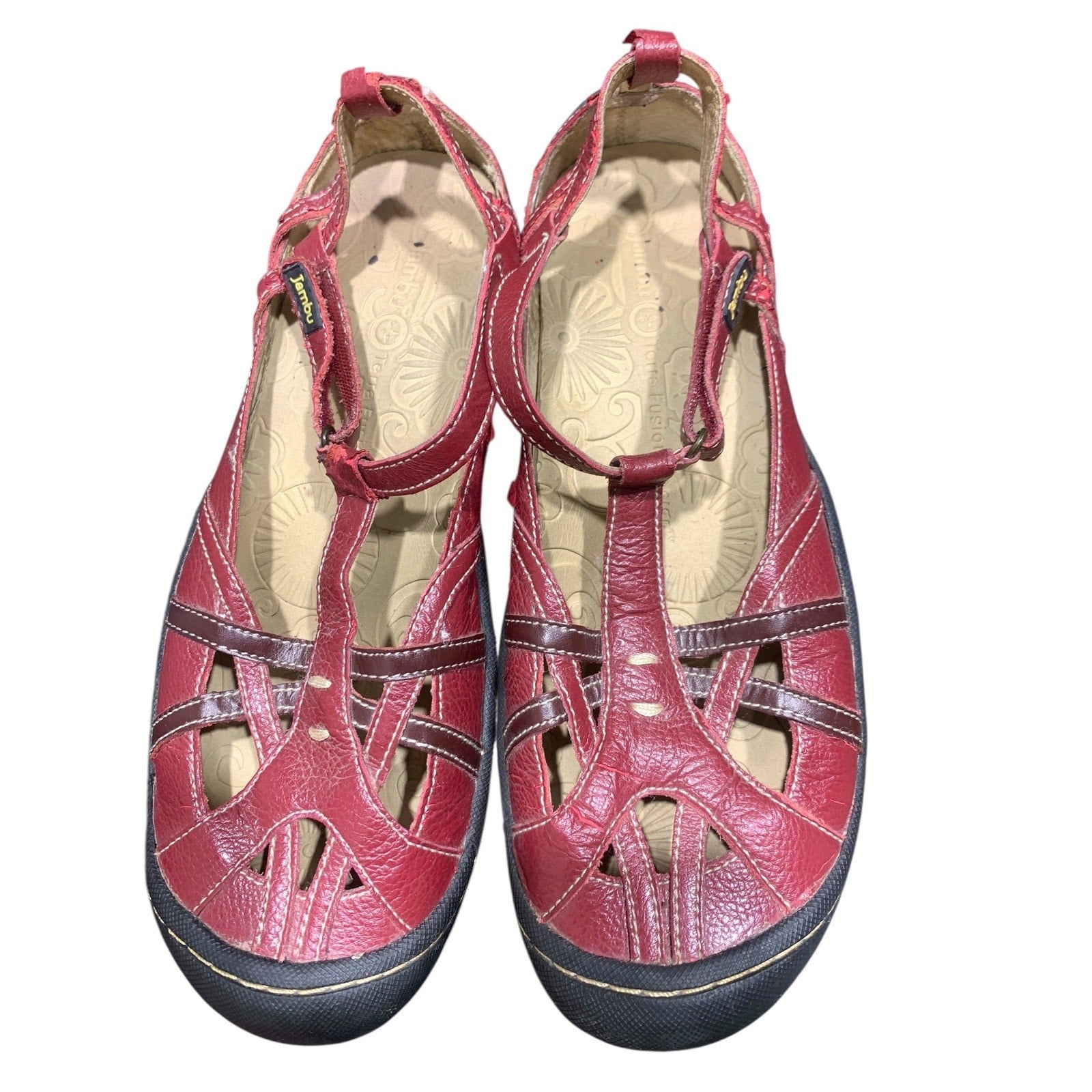 Jambu Dune Red Leather Mary Jane T-Strap Comfort Flats Womens 8.5 M