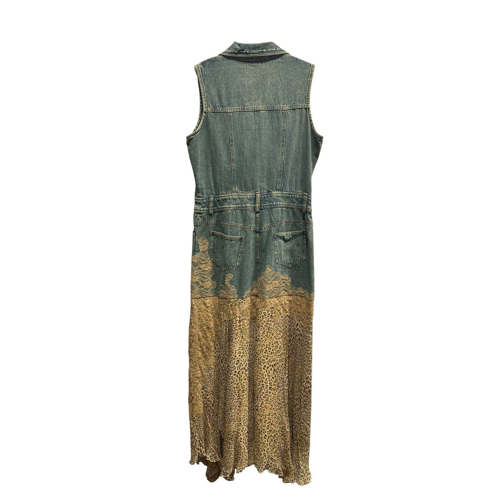 Jeanology Denim Leopard Print Lace Mixed Maxi Dress Y2K Grunge Fairy L Eclectic