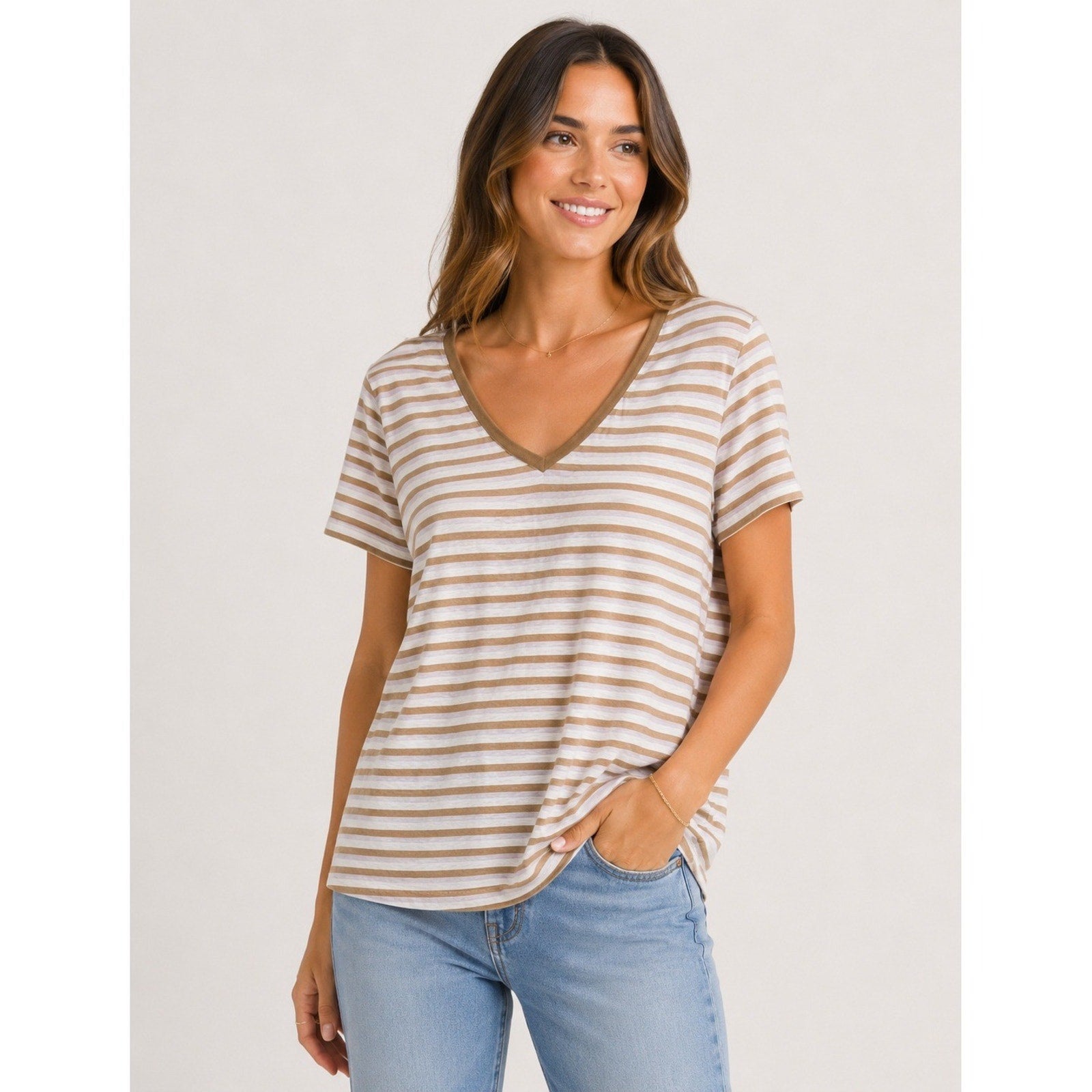Pact Organic Cotton V-Neck Striped T-Shirt Tan Lavender White Large