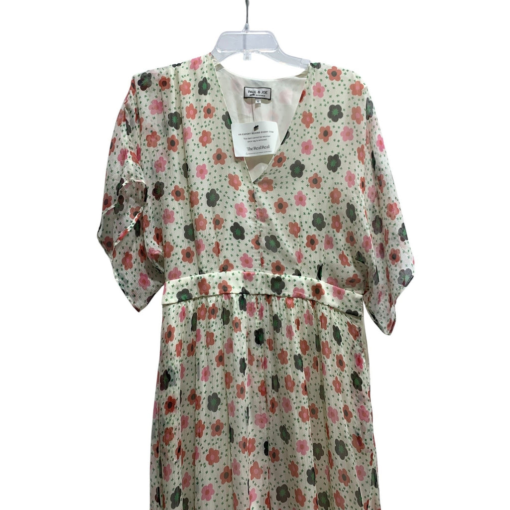 Paul & Joe Floral Midi Dress Ivory Pink Green 42 Sheer Size Large