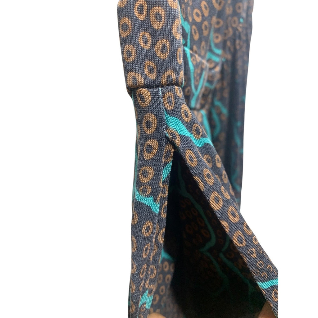 Diane von Furstenberg Silk Midi Dress Brown Blue Print Ruched Strap sz 2