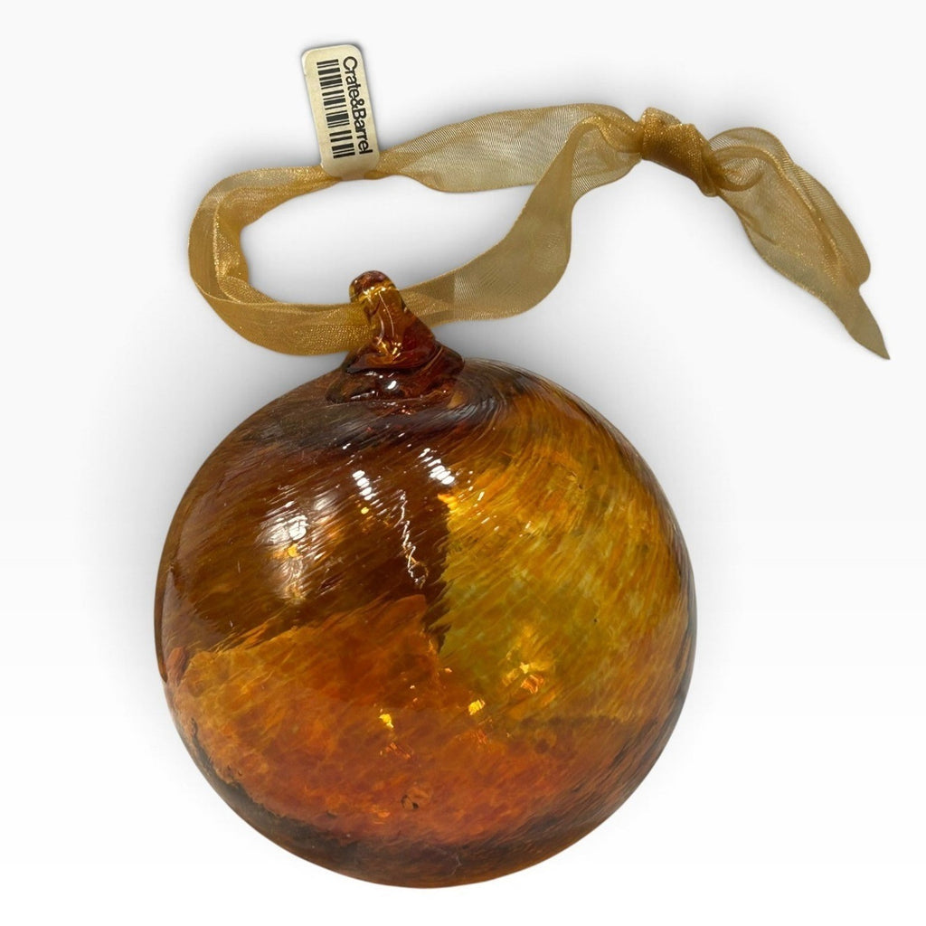 Crate & Barrel Amber Swirl Hand Blown Glass Christmas Ornament Ribbon