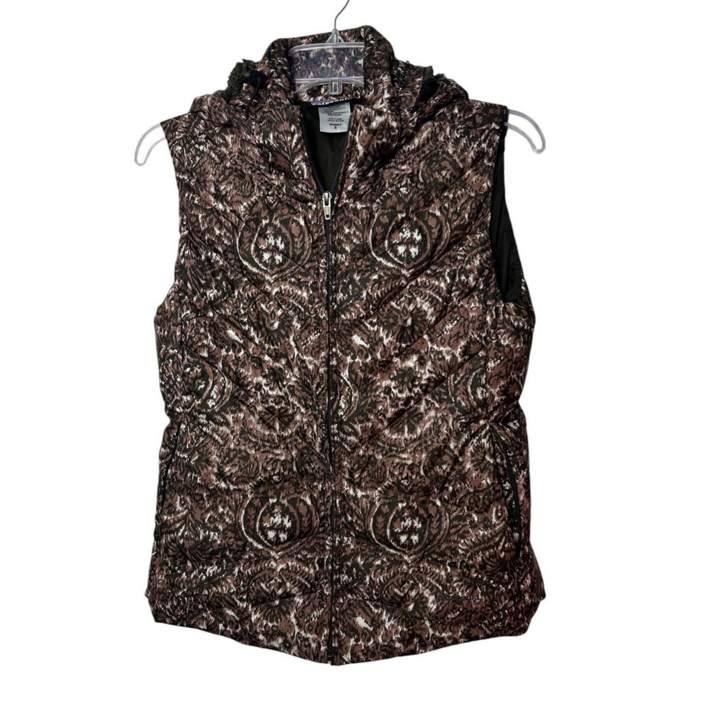 Patagonia Womens Down With It Vest Walnut Brown Paisley Ikat Print Hooded Small