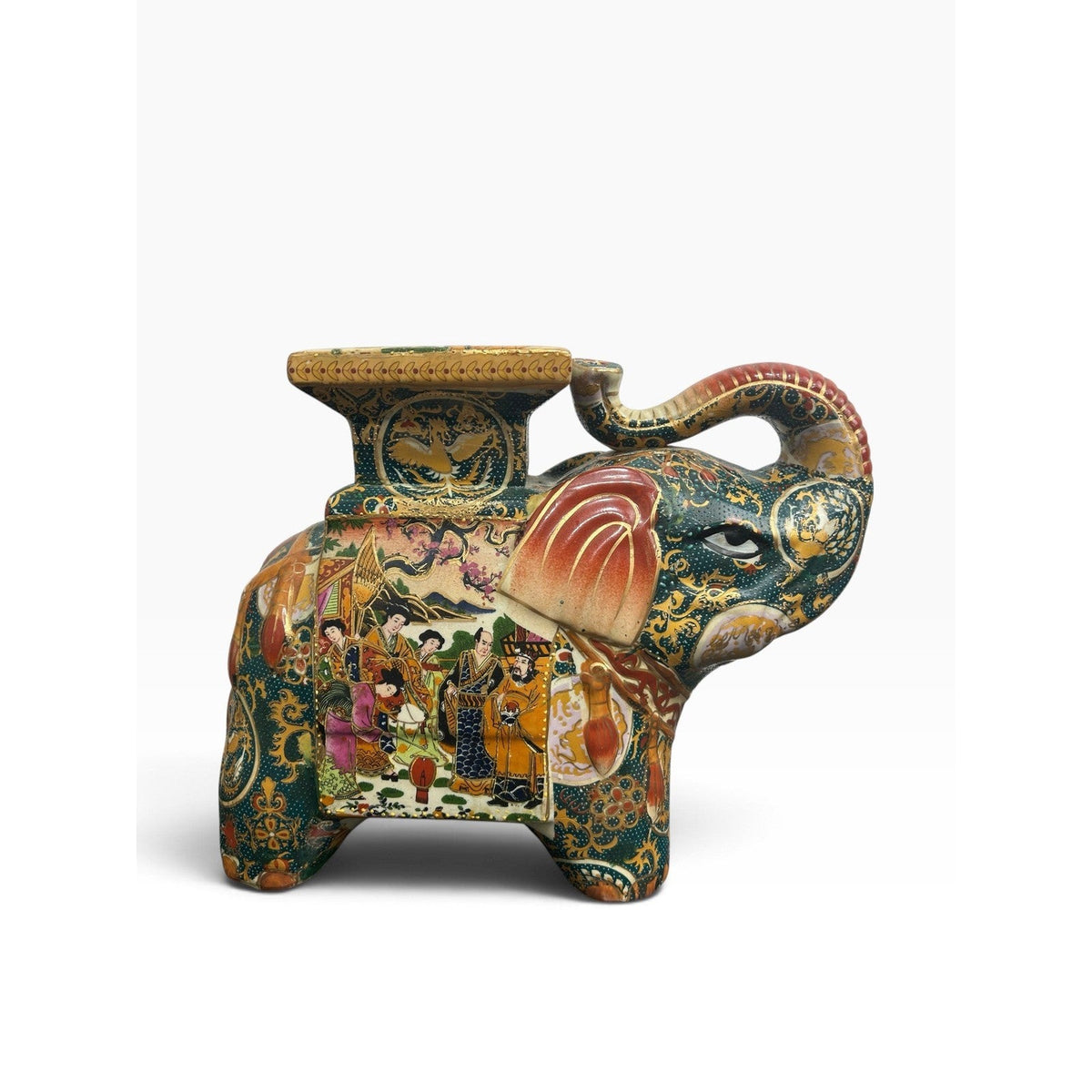 Vintage Satsuma Ceramic Elephant Plant Stand Hand Painted Gilded 10in