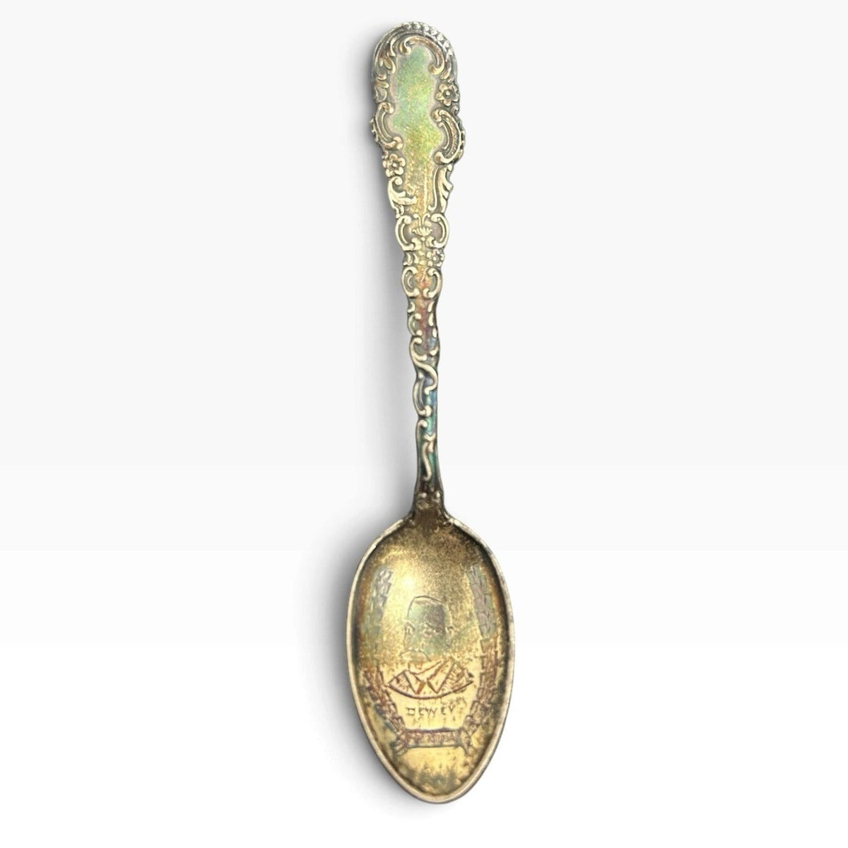 Antique Sterling Silver Admiral Dewey Souvenir Spoon Ornate Scrolled Handle 8g