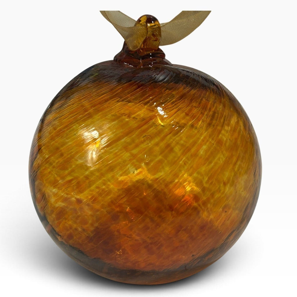 Crate & Barrel Amber Swirl Hand Blown Glass Christmas Ornament Ribbon