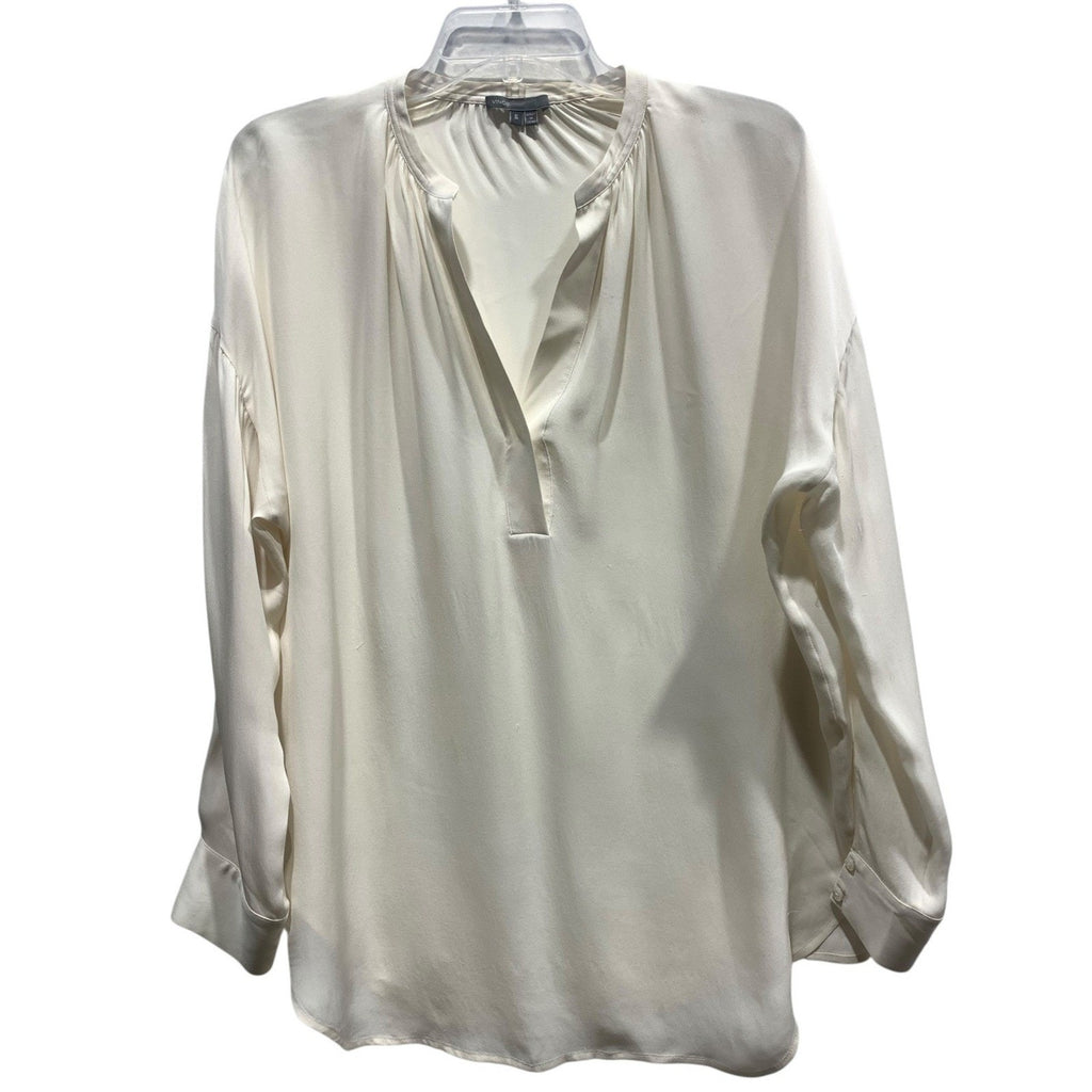 VINCE long sleeve V-Neck Silk Banded Collar Blouse Women Ivory Professional sz s