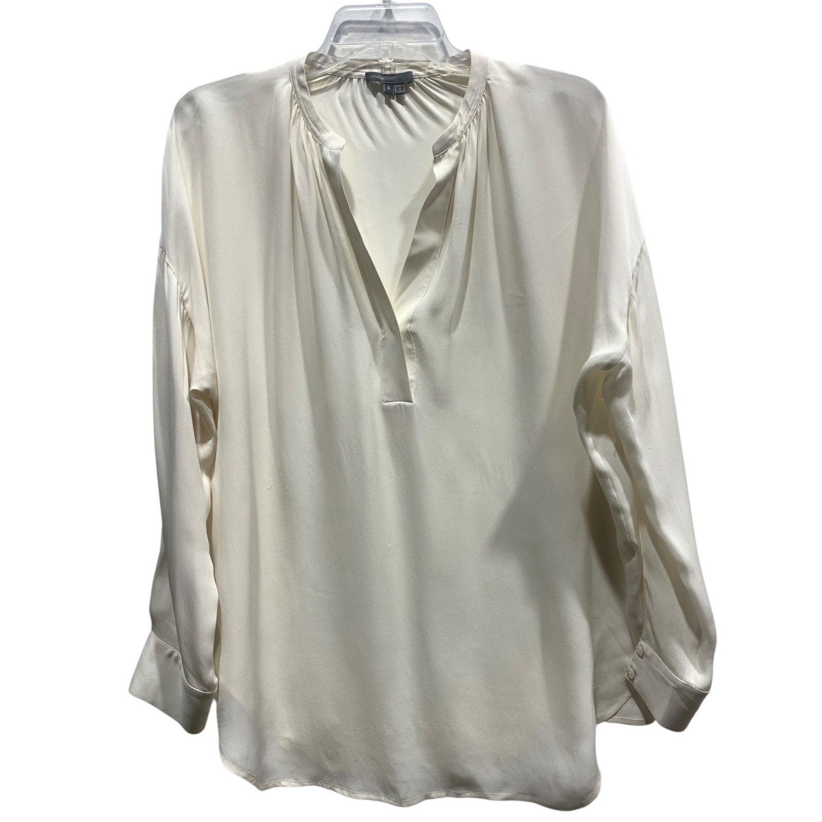VINCE long sleeve V-Neck Silk Banded Collar Blouse Women Ivory Professional sz s