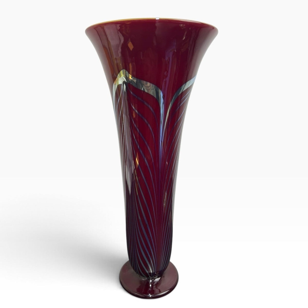 Rick Strini Signed Art Glass Trumpet Vase Cranberry Red Pulled Feather 14"2000