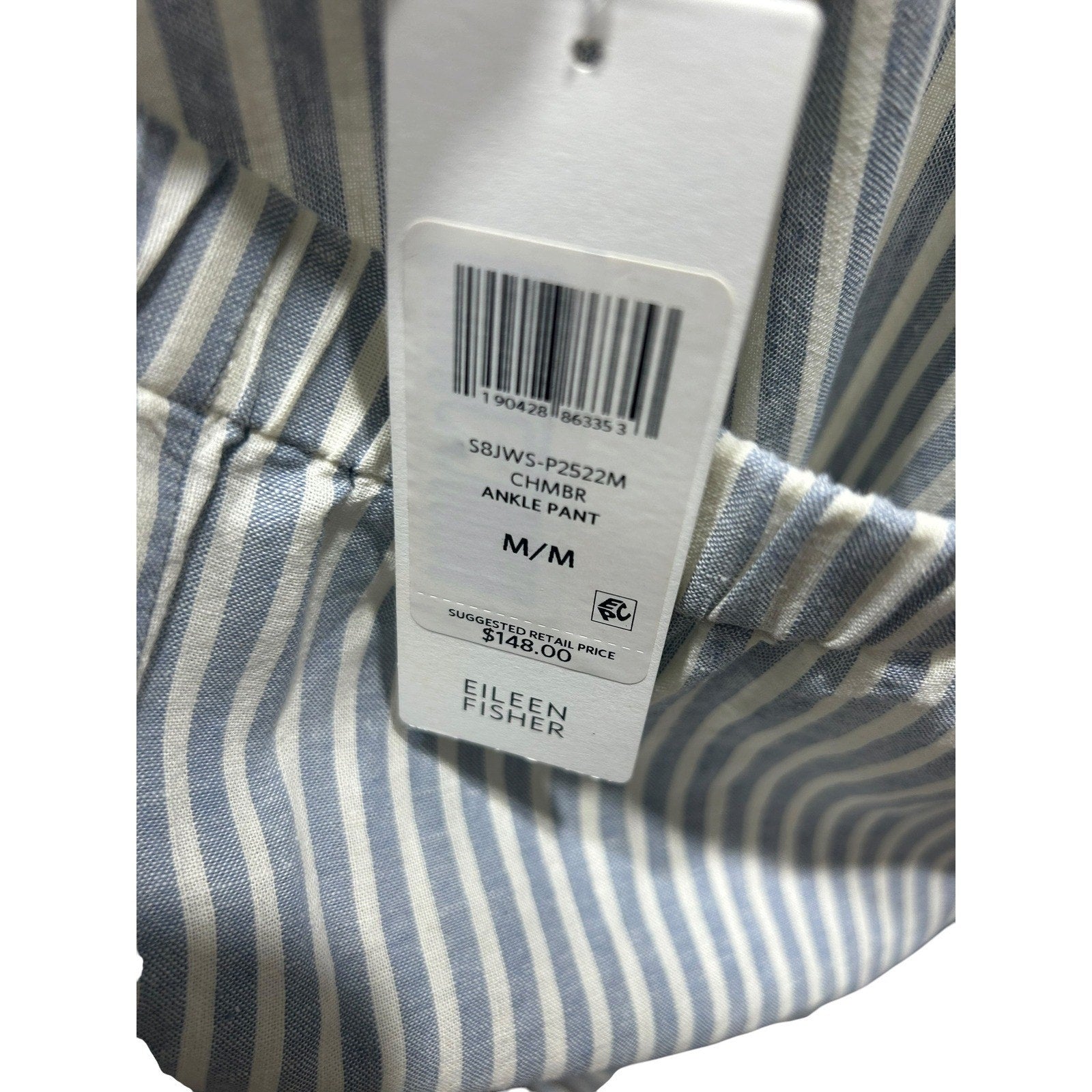 Eileen Fisher Hemp Organic Cotton Striped Ankle Pant Blue White M S8JWS-P2522M