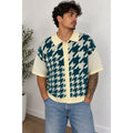 mnml Mens Teal Houndstooth Knit Short Sleeve Button Shirt XXL NWT Career Retro