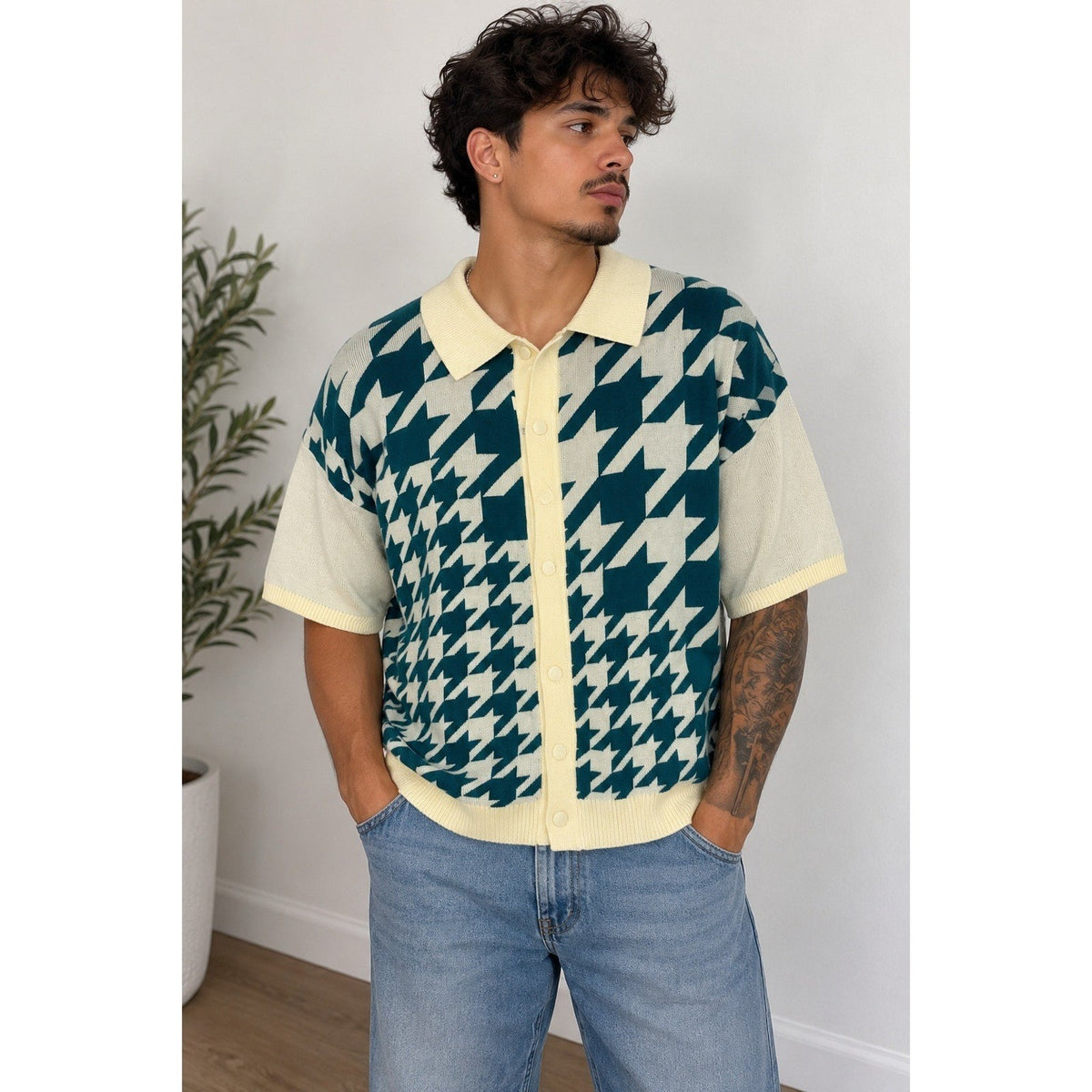 mnml Mens Teal Houndstooth Knit Short Sleeve Button Shirt XXL NWT Career Retro