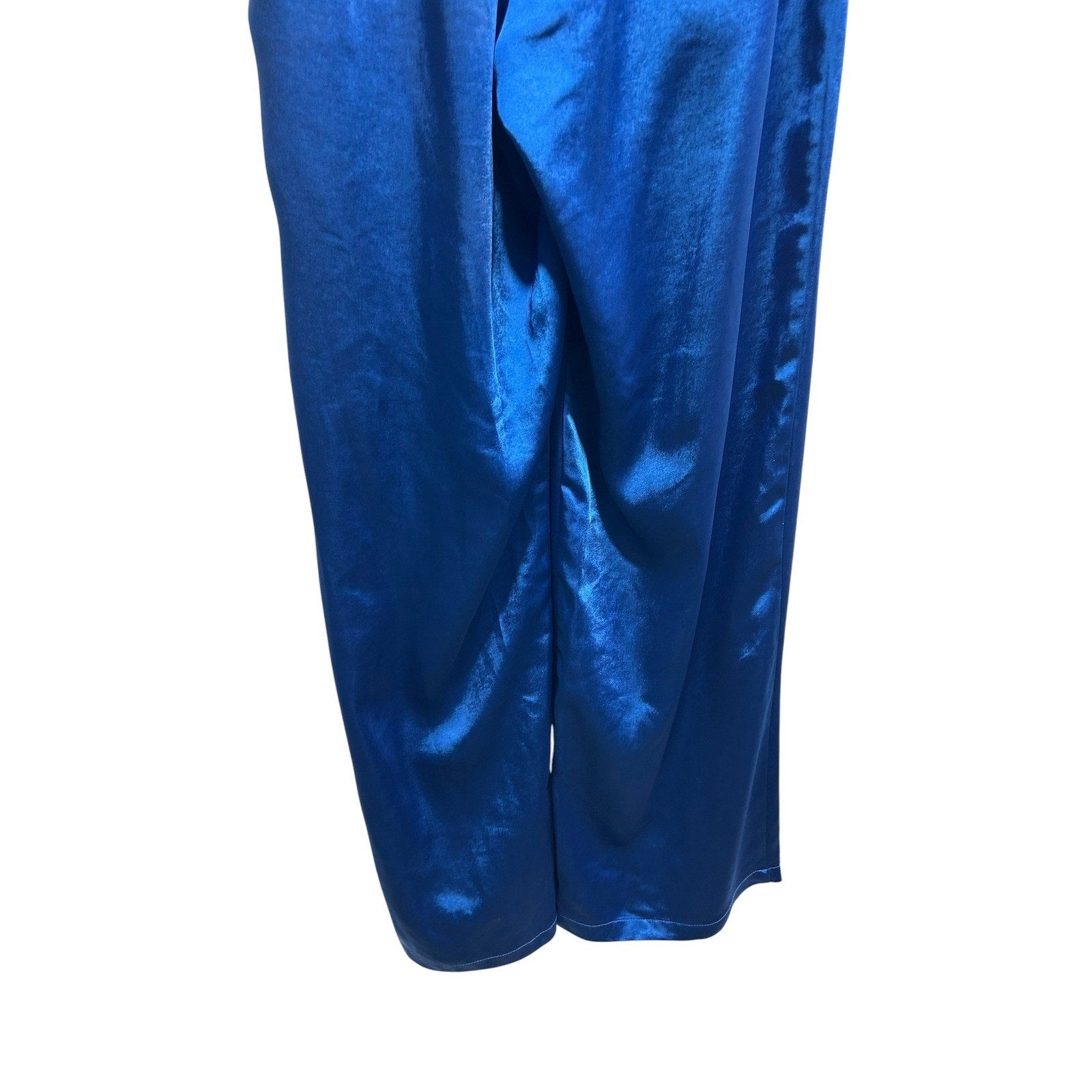 Women Royal Blue Satin Wide Leg Pleated High Waist Trousers Size M Glam Dressy