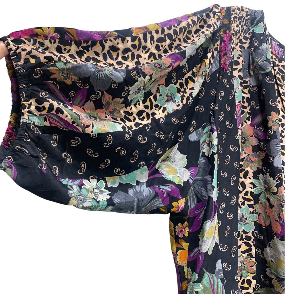 Johnny Was Zane Silk Easy Blouse Blend Patchwork Floral Leopard XL Black Multi