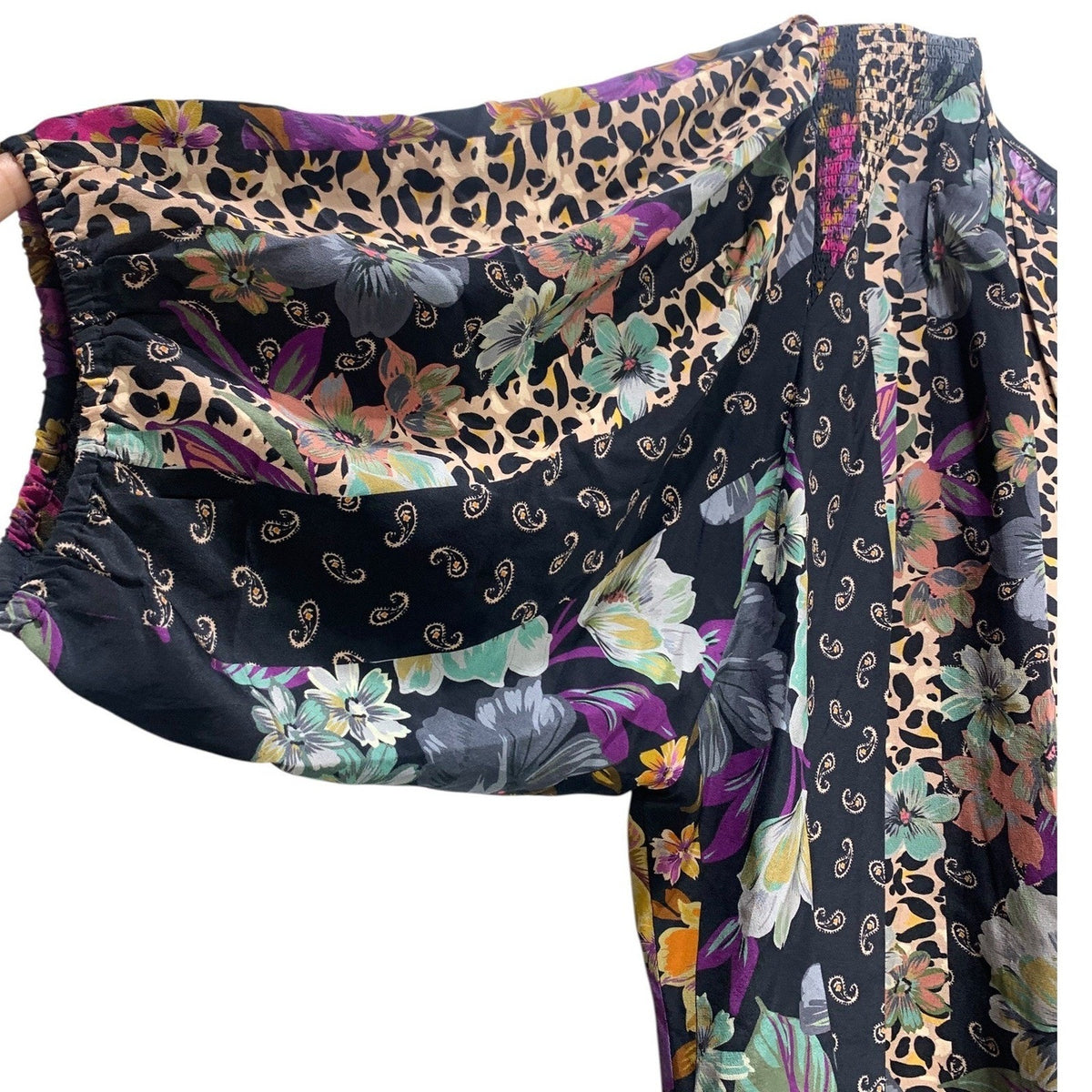Johnny Was Zane Silk Easy Blouse Blend Patchwork Floral Leopard XL Black Multi