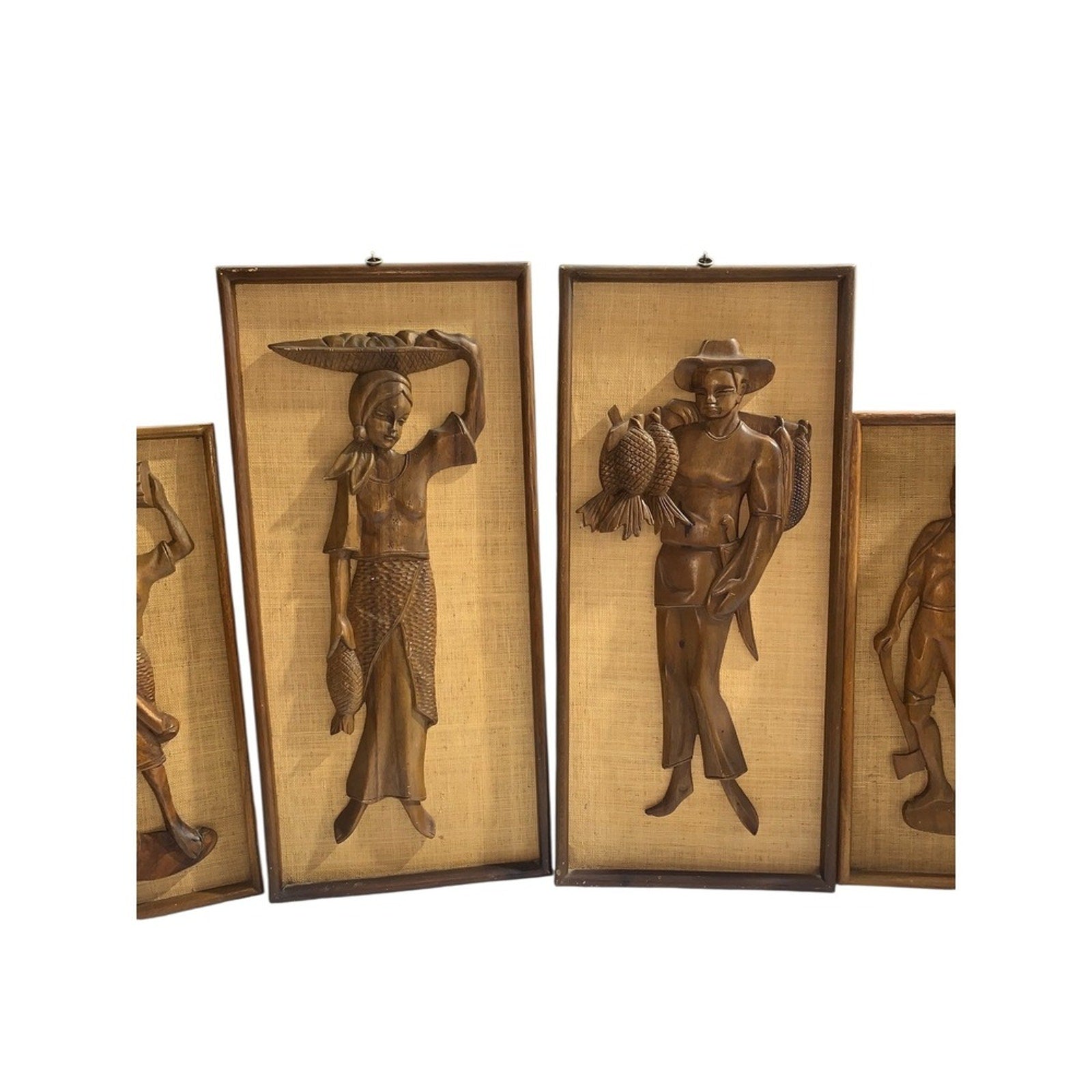 Vintage Carved Wood Figures Wall Art Set 4pc Mid Century Scene Decor