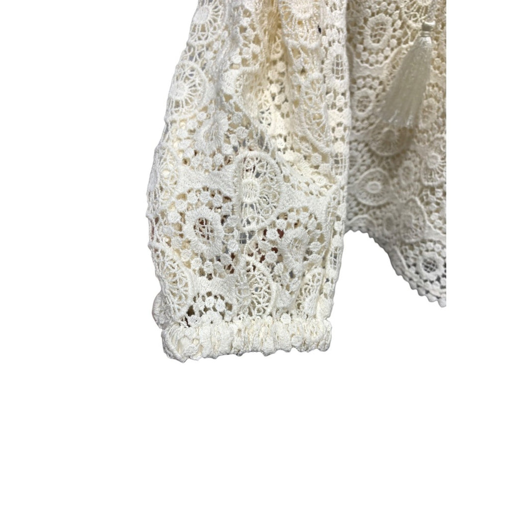 FRAME Cream Crochet Lace Boho Long Sleeve Tassel V Neck Blouse Top M/M